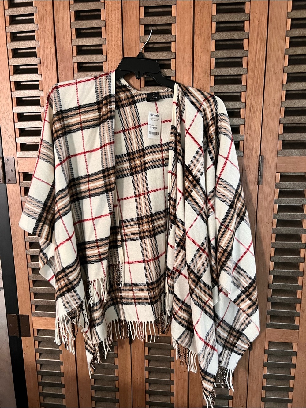 Plaid Fringe Cape Wrap in Ivory, Brown & Red